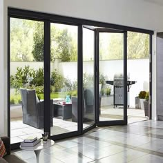 an open living room with sliding glass doors