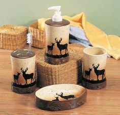 bathroom accessories with deer silhouettes on them