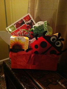 a ladybug bag filled with lots of goodies