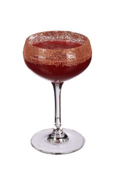 a red drink in a wine glass on a white background