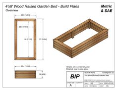 plans for a raised garden bed with built in planters and side rails are shown