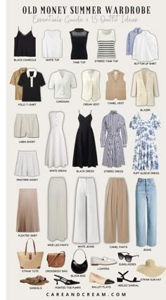 French Summer Outfits Classy, How Many Style In Fashion, Summer Style Old Money, Elegant Outfit Essentials, Summer In The Hamptons Aesthetic Outfits, Spring Summer Outfits Casual, Summer Outfits Old Money Aesthetic, Old Money Style Woman Outfit, Old Money Starter Pack