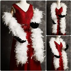 the dress is red and white with feathers on it