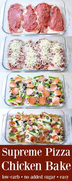 four pans filled with different types of pizza and meat on top of each other