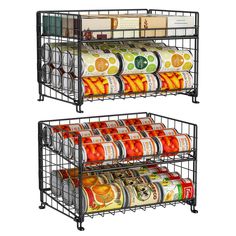 two metal shelves with canned food in them