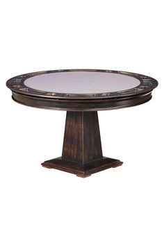 a round dining table with an oval glass top and wooden base, on a white background