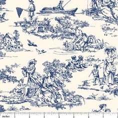 a black and white toiler print fabric with people in the woods on it