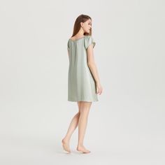 This 19 Momme Silk Short Sleeve Ruffle Nightgown is made of 100% Mulberry silk, which is lightweight, and naturally hypoallergenic. The simple yet modern design gives this chemise dress a perfect silhouette. It is a must-have for lounging at home. The silk slip straps are adjustable. It's sure to make you the star of the house, day or night! Sweet Ruffle Nightgown From now on, you no longer have to bear piercing fabrics and tight skirts that are too tight to breathe for the sake of sexiness. A s Silk Summer Nightgown For Sleep, Solid Satin Summer Nightgown, Feminine Silk Nightgown For Summer, Modal Satin Summer Sleepwear, Modal Satin Sleepwear For Summer, Silk Summer Nightgown, Spring Satin V-neck Chemise, Summer Silk Sleepwear, Feminine Summer Satin Chemise