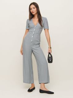 A one and done kind of thing. Shop the France Jumpsuit, a sustainable jumpsuit from Reformation. Pant Romper, One And Done, Work Wear Outfits, Vintage Inspired Dresses, Inspired Dress, New Tops, Crepe Fabric, Romper Pants, Outerwear Sweater