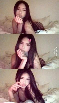 four pictures of a woman laying in bed with her hands on her face and looking at the camera