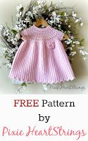 a pink knitted baby's dress with flowers on it and the words free pattern by