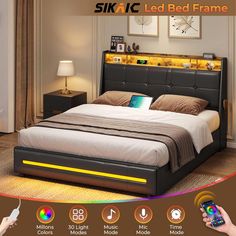 the bed frame is made up with leds and has a built in headboard