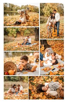 a collage of photos with people in the fall leaves