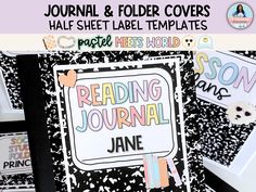 the journal and folder covers have been designed to look like they are covered in black and white paper