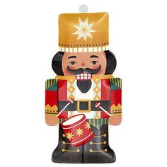 a wooden nutcracker ornament with a drummer