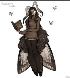 a drawing of a woman with long hair and butterfly wings holding a book in her hands