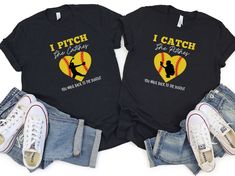 two t - shirts that say i pitch the ball and one says i catch the game