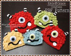 four crocheted hats with eyes on them