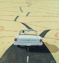 a painting of a white car driving down a road in the middle of an empty field