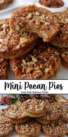 Mini pecan pies are little bites with a big, classic pecan pie flavor. A buttery shortbread crust is filled with sweet pecan pie filling and topped with sweet, crunchy pecans. They really are miniature versions of classic pecan pie! Healthy Mini Pies, Easy Pie Filling Desserts, Thanking Giving Desserts, Pecan Pie Cheesecake Cookies, Christmas Mini Pie Bar, Dessert Small Bites, Christmas Dessert Ideas For A Crowd, Miniature Pecan Pies, Miniature Pies Recipe