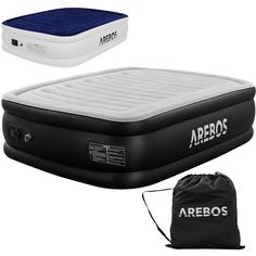 an inflatable bed and bag with the logo aeros on it next to each other