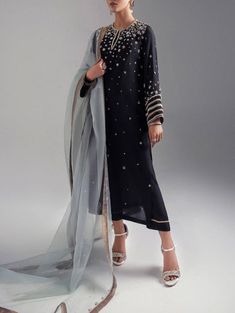 Black silk suit,salwar kameez, beaded salwar suit, embellished kameez,plus size salwar suit,kurti pant suit,hand work salwar kameez,Raw silk black Indian wear 🌟This beautiful Black Raw silk dress has beads and sequin hand embroidery over the front, paired with matching straight pant.It has ice blue shade orgenza dupatta with embroidered borders. 🌟 Dupatta has two options, choose one of them 👉Gold border dupatta:This will have only gold border on all four side. 👉 Embroidered dupatta:This dupa Pant Suit Plus Size, Black Silk Suit, Black Salwar Suit, Black Salwar, Heavy Suits, Raw Silk Dress, Plus Size Suit, Suit Kurti, Embroidered Salwar