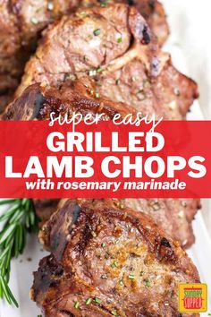 grilled lamb chops on a white plate with rosemary garnish and text overlay