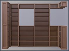 an empty bookcase with open doors and shelves