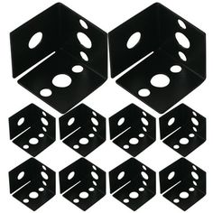 six black plastic dices with holes and holes on each side, all in different sizes