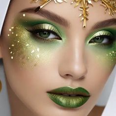 Pretty Witch Face Paint, Male Fairy Makeup Ideas, Dark Fae Makeup Looks, Diy Fairy Makeup Halloween, Emerald And Gold Eye Makeup, Elf Makeup Costume, Dramatic Green Makeup, Fall Goddess Makeup, Green And Purple Witch Makeup