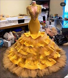 high neck evening dress, yellow evening dresses, tassels Yellow Ruffled Party Gown, Gold Mermaid Prom Dresses, High Neck Evening Gown, Yellow Prom Dresses, High Neck Evening Dress, Yellow Prom, Yellow Evening Dresses, Tiered Prom Dress, High Neck Prom Dress