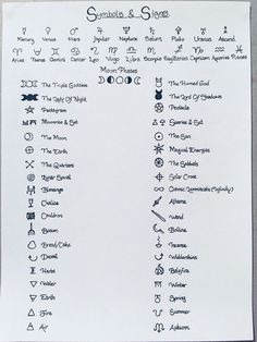 a sheet of paper with some writing on it and symbols in different languages, including the names