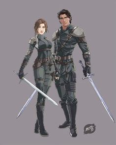 a man and woman standing next to each other with swords in front of their backs