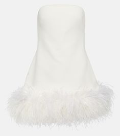 Feather-trimmed crêpe mini dress Rehearsal Dinner Dresses, Feather Trim, Strapless Neckline, White Feathers, Ostrich Feathers, White Mini Dress, Fitted Bodice, Cream White, Designing Women