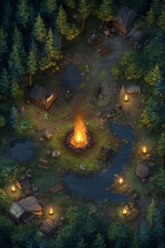 an aerial view of a campfire surrounded by cabins and trees in the woods at night