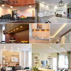 many different pictures of kitchen and living rooms