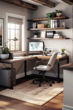 a home office with shelves, desk and chair in the corner on top of a rug