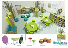 the children's library is equipped with green tables, chairs and bookshelves