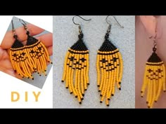 beaded earrings made with yellow and black seed beads, which are hanging from hooks