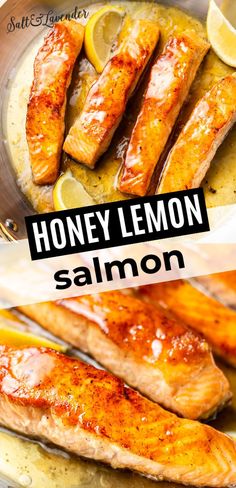 honey lemon salmon on a plate with lemon wedges