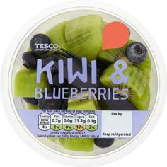 blueberries and kiwis in a plastic container on a white background with the words kiwi & blueberries