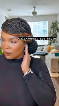 Loc Side Updo Styles, Side Swoop With Locs, Gala Loc Styles, How To Style Locks Hair, Loc Ponytail Styles With Bangs, Loc Styles For The Office, Loc Side Ponytail, Bridal Locs Hairstyles Low Bun, Loc Bun With Swoop