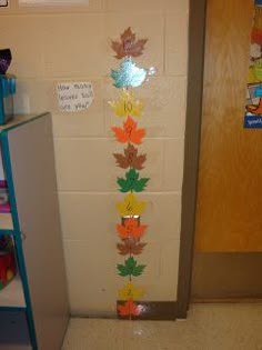 a classroom door decorated with fall leaves on the front and back wall, along with a shelf full of books