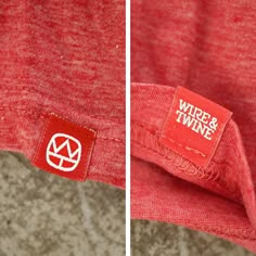 two pictures of the same red shirt with white logo on it, and one has a sticker that says wire & twine