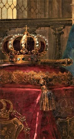 a painting of a bed with a crown on it