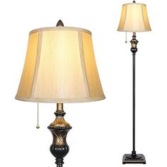 two lamps on either side of each other, one has a white shade and the other has a black base