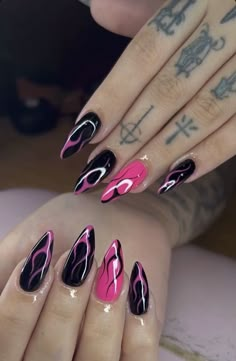 Light Pink And Black Nails Ideas, Black With Pink Tips Nails, Gel Nails Black And Pink, Nail Art Designs Pink And Black, Pink Goth Nails Grunge, Black And Bright Pink Nails, Pink Black And Red Nails, Black And Pink Flame Nails, Hot Pink Matte Nails Design