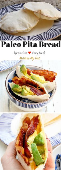 this is an image of bacon and avocado pita breads with text overlay