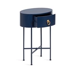 a blue table with two drawers on one side and an open drawer on the other