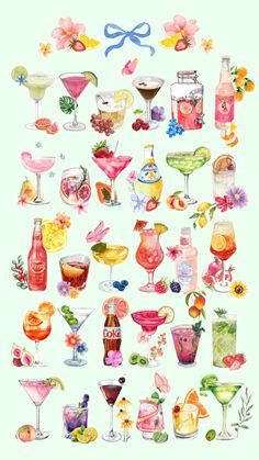 a watercolor painting of different types of cocktails and drinks on a white background